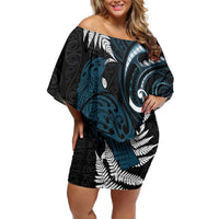 New Zealand Tui Bird Off Shoulder Short Dress Maori Kowhaiwhai LT7 Women Teal - Polynesian Pride