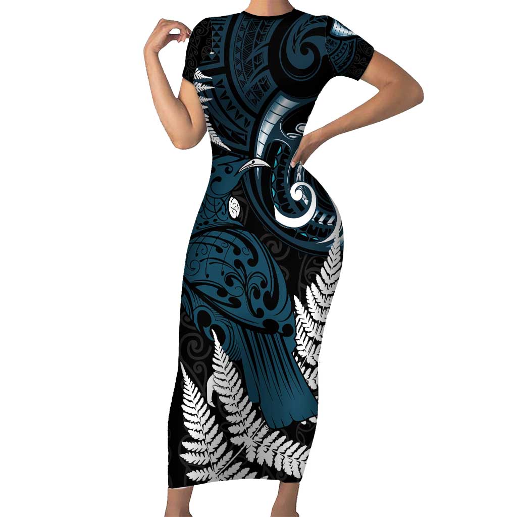 New Zealand Tui Bird Short Sleeve Bodycon Dress Maori Kowhaiwhai LT7 Long Dress Teal - Polynesian Pride