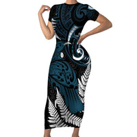 New Zealand Tui Bird Short Sleeve Bodycon Dress Maori Kowhaiwhai LT7 Long Dress Teal - Polynesian Pride