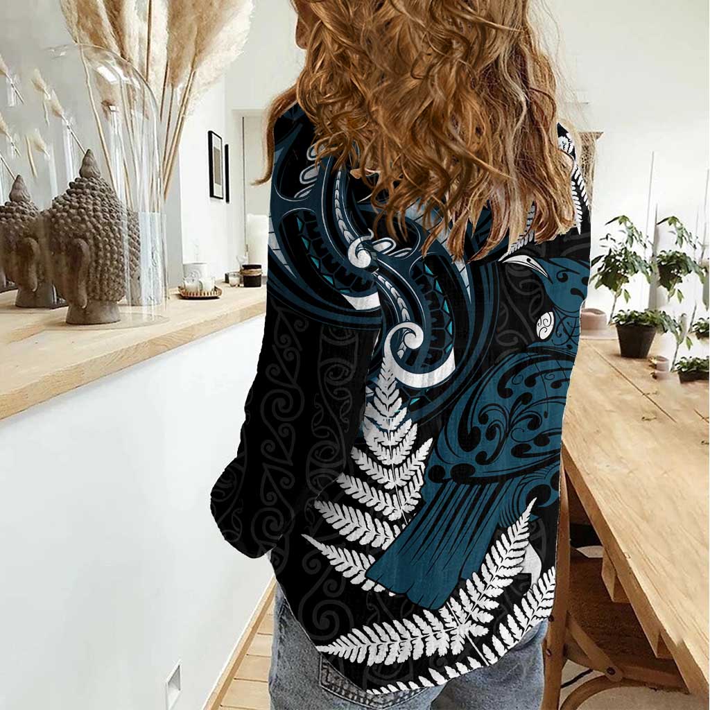 New Zealand Tui Bird Women Casual Shirt Maori Kowhaiwhai