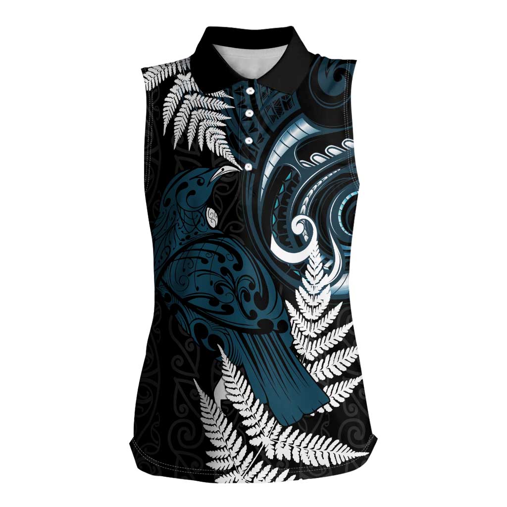 New Zealand Tui Bird Women Sleeveless Polo Shirt Maori Kowhaiwhai LT7 Female Teal - Polynesian Pride