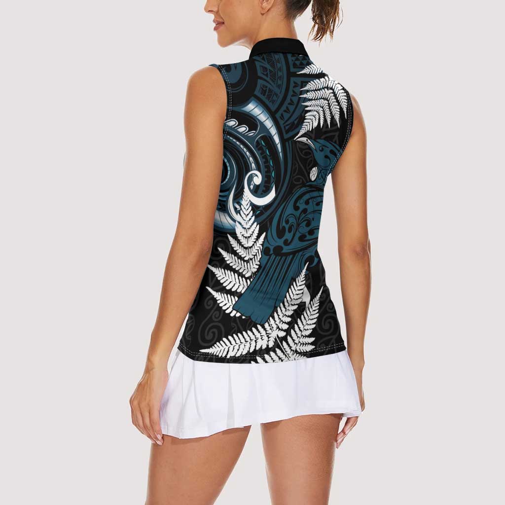New Zealand Tui Bird Women Sleeveless Polo Shirt Maori Kowhaiwhai LT7 - Polynesian Pride