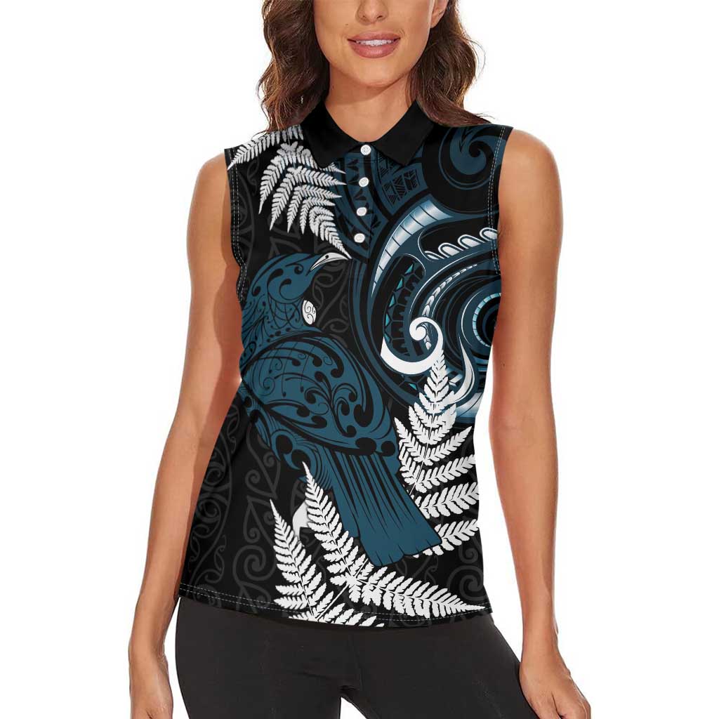 New Zealand Tui Bird Women Sleeveless Polo Shirt Maori Kowhaiwhai LT7 - Polynesian Pride
