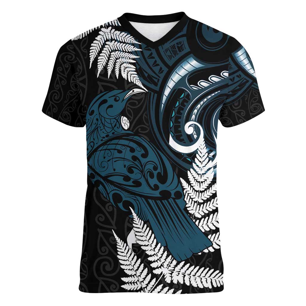 New Zealand Tui Bird Women V-Neck T-Shirt Maori Kowhaiwhai LT7 Female Teal - Polynesian Pride