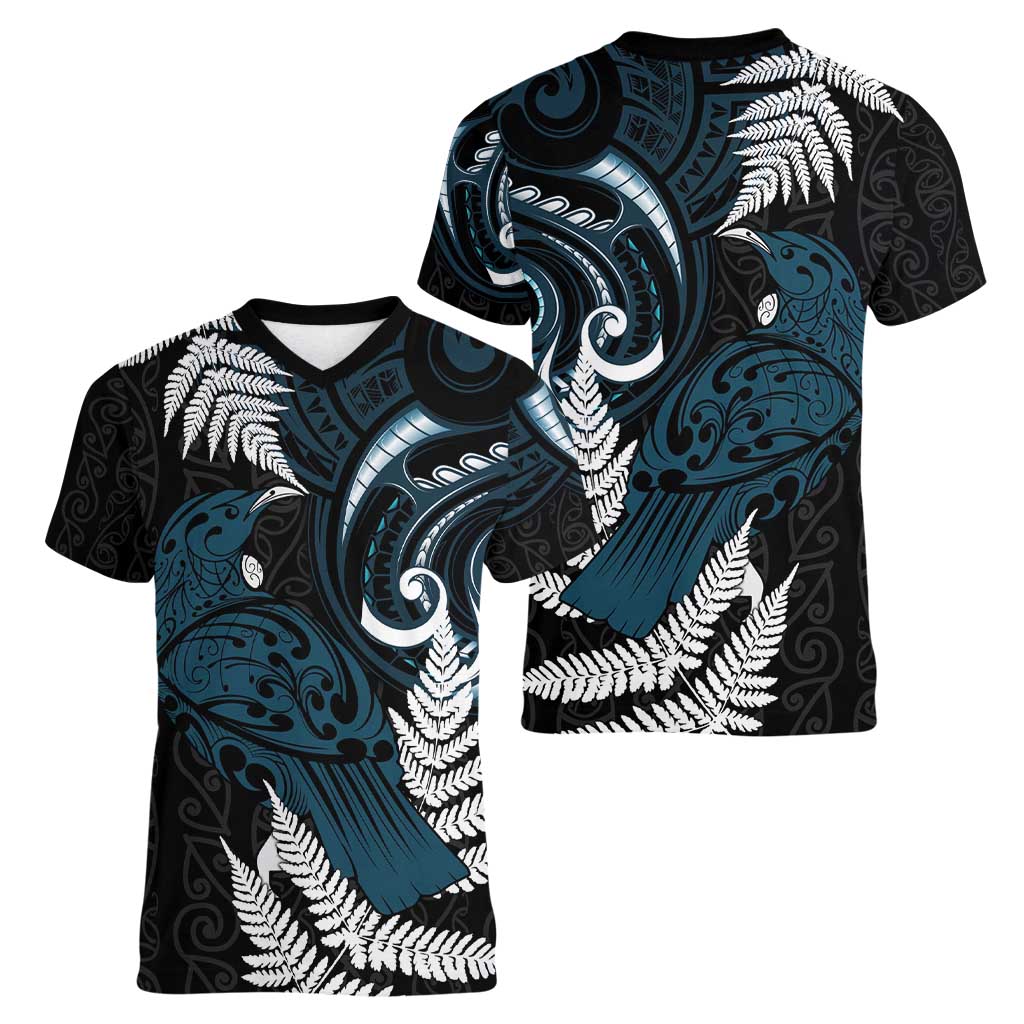 New Zealand Tui Bird Women V-Neck T-Shirt Maori Kowhaiwhai LT7 - Polynesian Pride
