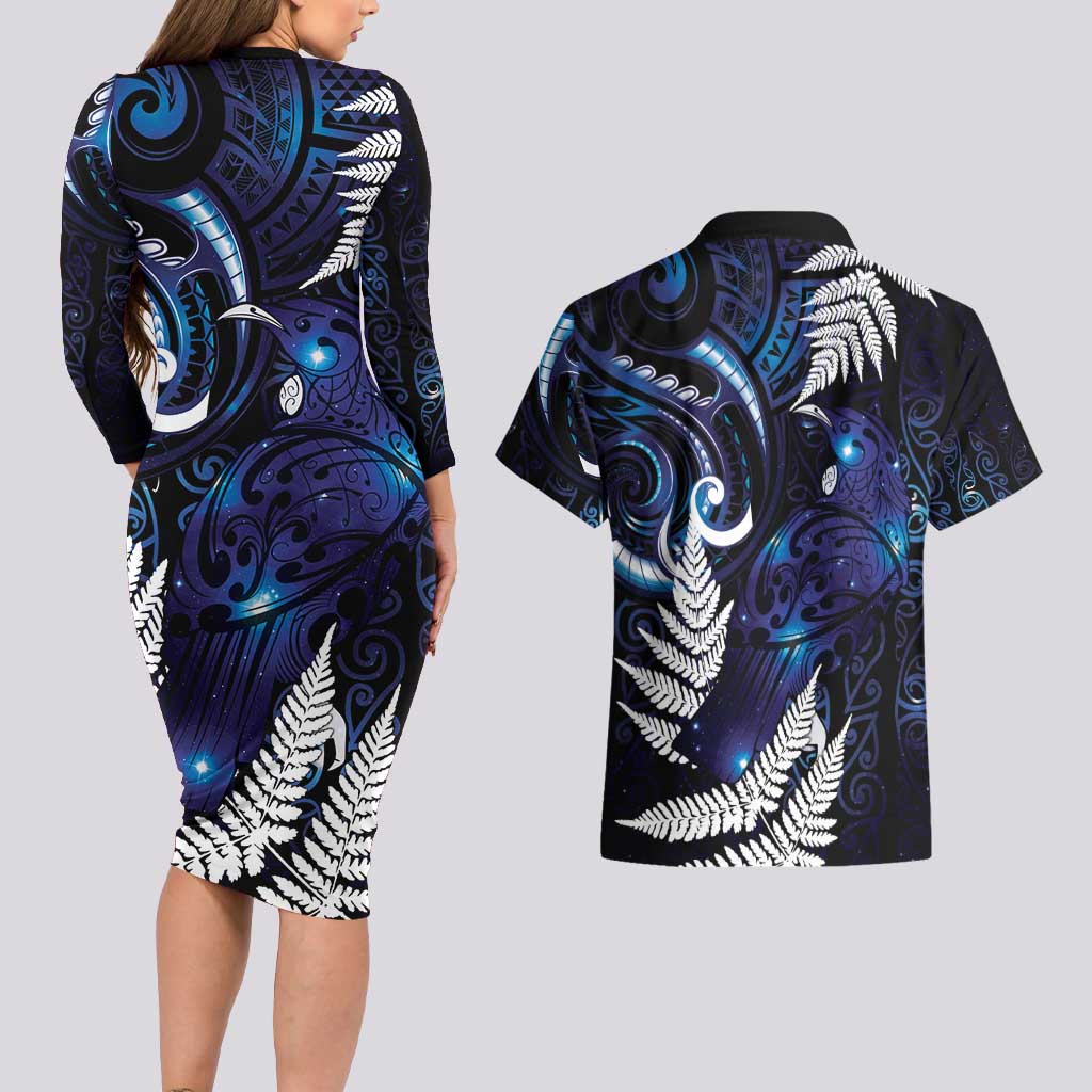 New Zealand Maori Matariki Couples Matching Long Sleeve Bodycon Dress and Hawaiian Shirt Tui Bird Galaxy LT7 - Polynesian Pride