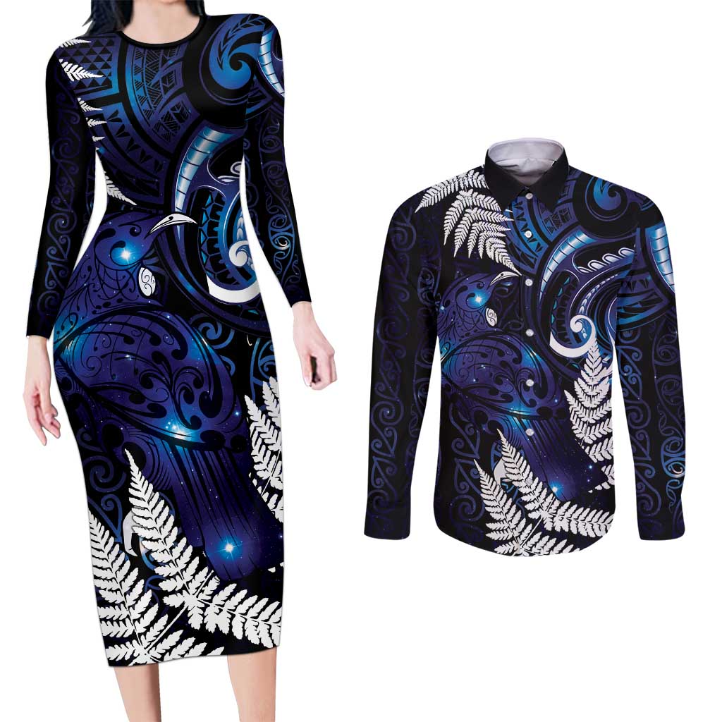 New Zealand Maori Matariki Couples Matching Long Sleeve Bodycon Dress and Long Sleeve Button Shirt Tui Bird Galaxy LT7 Galaxy - Polynesian Pride