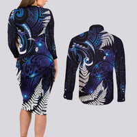 New Zealand Maori Matariki Couples Matching Long Sleeve Bodycon Dress and Long Sleeve Button Shirt Tui Bird Galaxy LT7 - Polynesian Pride