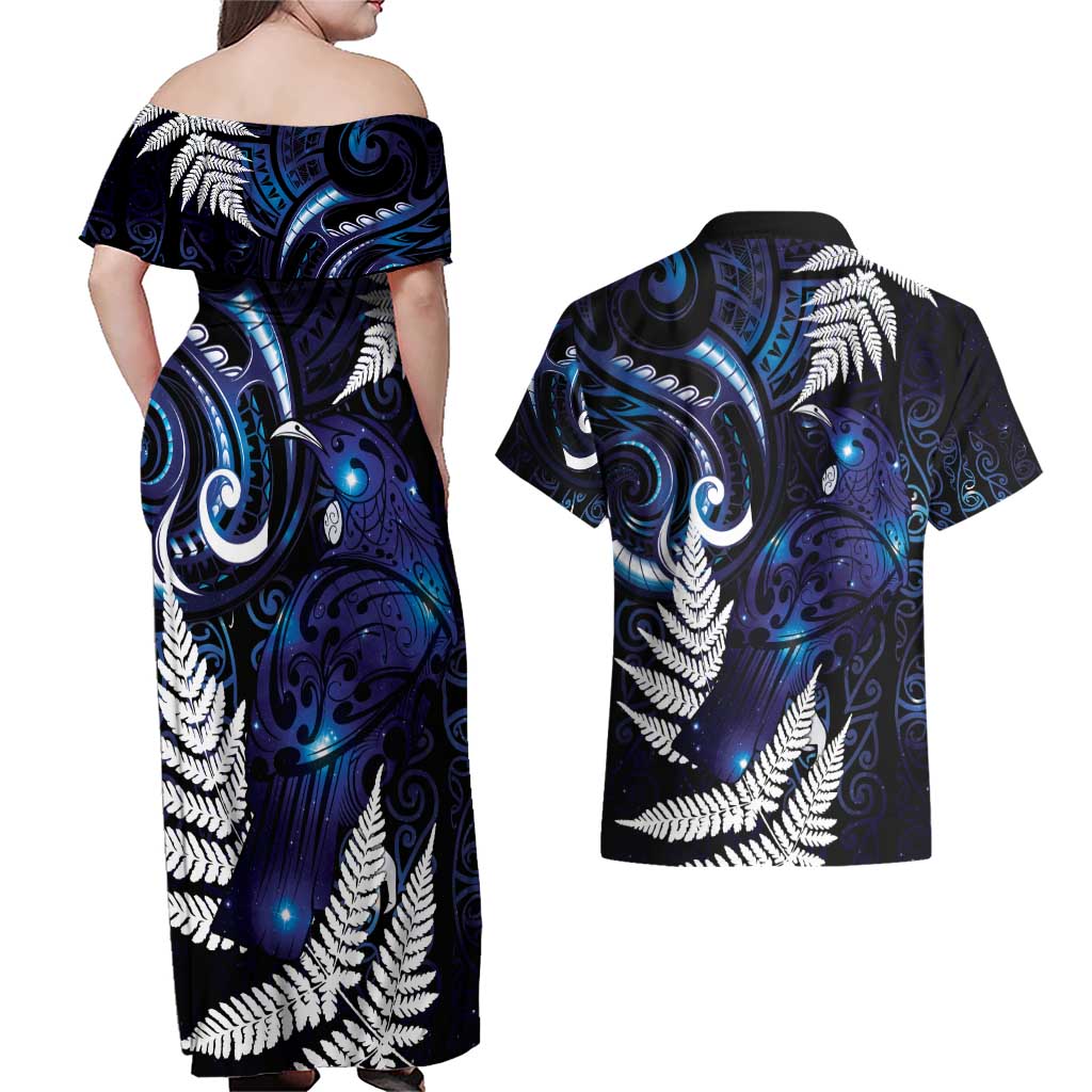 New Zealand Maori Matariki Couples Matching Off Shoulder Maxi Dress and Hawaiian Shirt Tui Bird Galaxy LT7 - Polynesian Pride