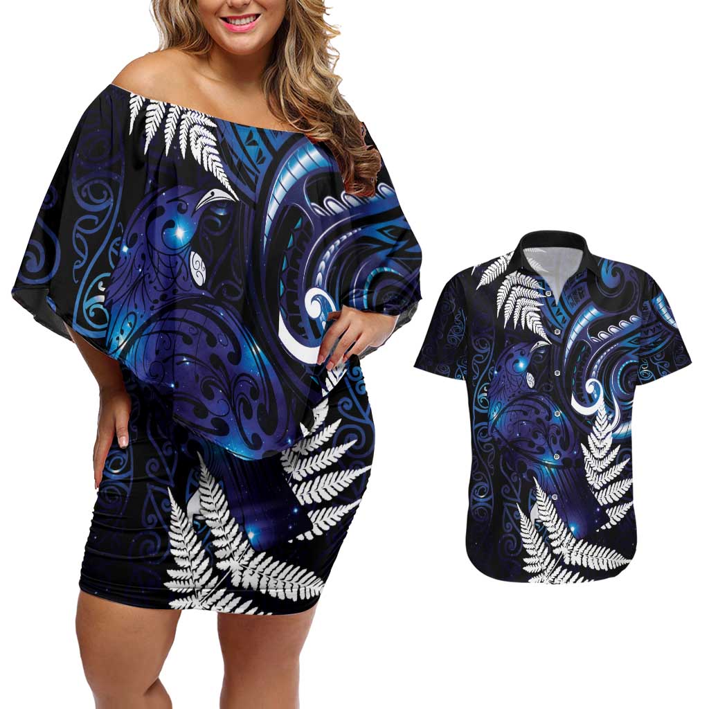 New Zealand Maori Matariki Couples Matching Off Shoulder Short Dress and Hawaiian Shirt Tui Bird Galaxy LT7 Galaxy - Polynesian Pride