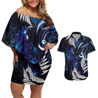 New Zealand Maori Matariki Couples Matching Off Shoulder Short Dress and Hawaiian Shirt Tui Bird Galaxy LT7 Galaxy - Polynesian Pride