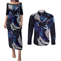 New Zealand Maori Matariki Couples Matching Puletasi and Long Sleeve Button Shirt Tui Bird Galaxy LT7 Galaxy - Polynesian Pride