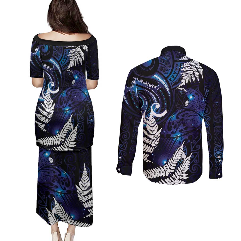 New Zealand Maori Matariki Couples Matching Puletasi and Long Sleeve Button Shirt Tui Bird Galaxy LT7 - Polynesian Pride