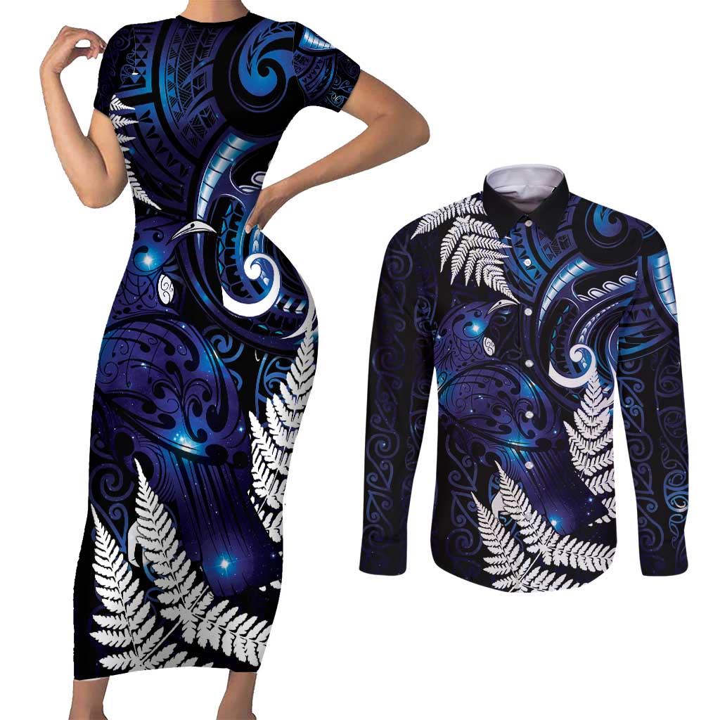 New Zealand Maori Matariki Couples Matching Short Sleeve Bodycon Dress and Long Sleeve Button Shirt Tui Bird Galaxy LT7 Galaxy - Polynesian Pride