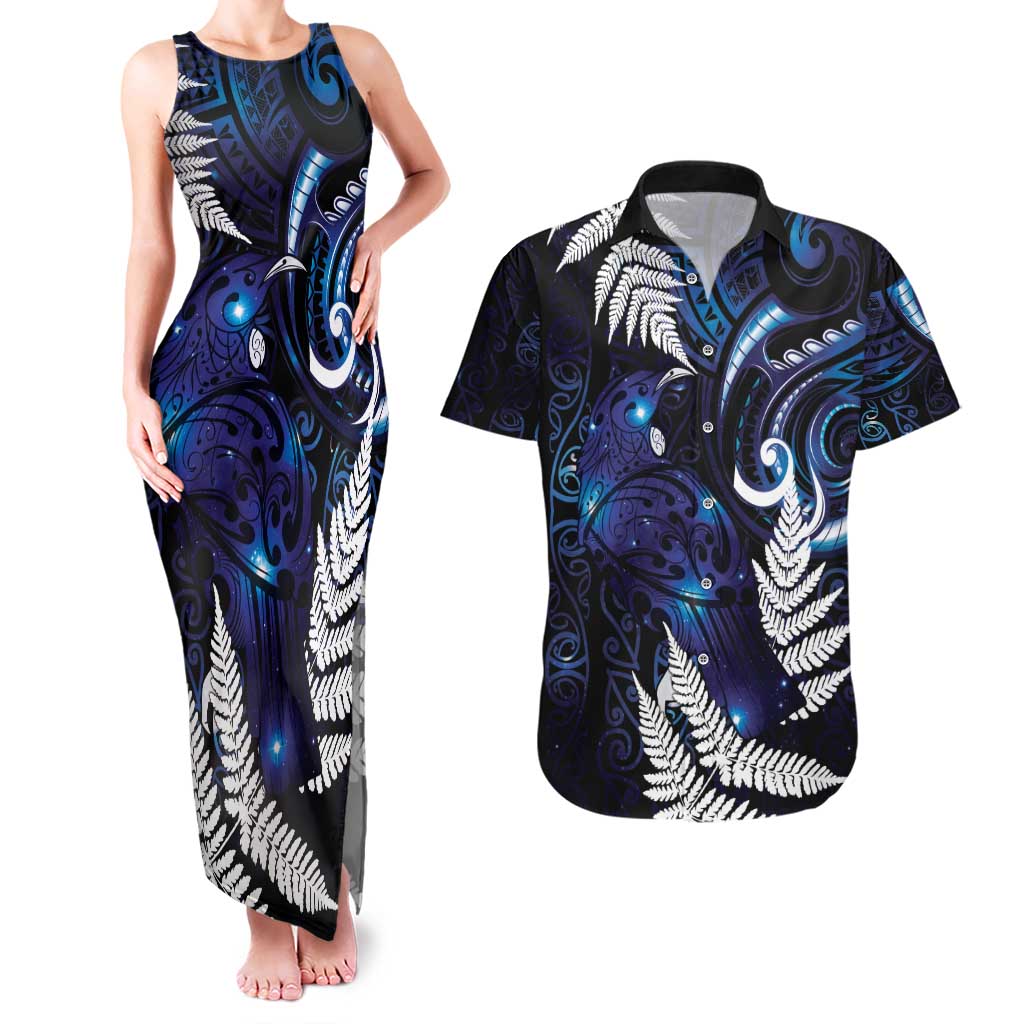 New Zealand Maori Matariki Couples Matching Tank Maxi Dress and Hawaiian Shirt Tui Bird Galaxy LT7 Galaxy - Polynesian Pride