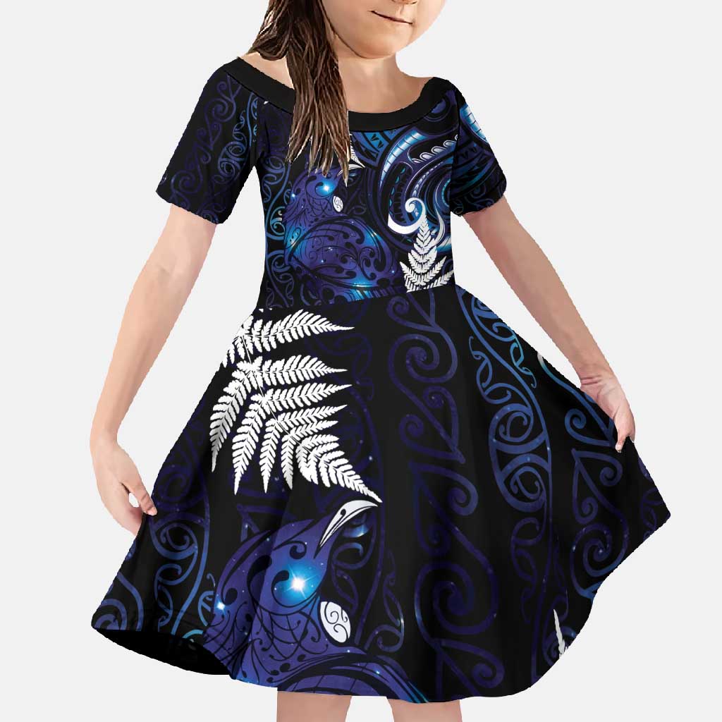 New Zealand Maori Matariki Family Matching Mermaid Dress and Hawaiian Shirt Tui Bird Galaxy LT7 Daughter's Dress Galaxy - Polynesian Pride