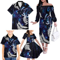 New Zealand Maori Matariki Family Matching Off The Shoulder Long Sleeve Dress and Hawaiian Shirt Tui Bird Galaxy LT7 - Polynesian Pride