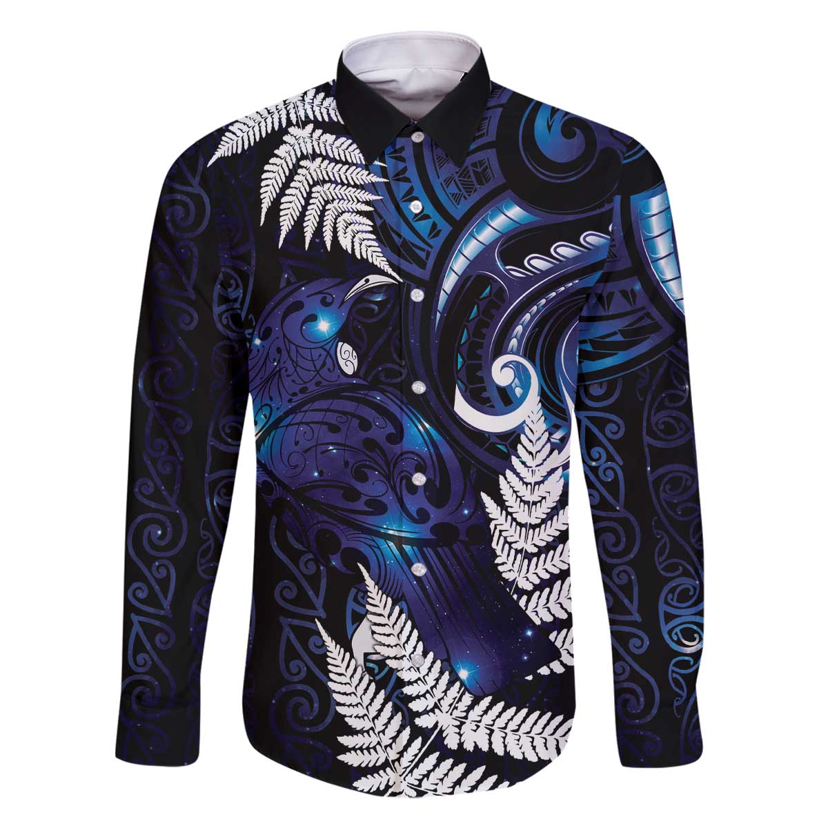 New Zealand Maori Matariki Family Matching Off The Shoulder Long Sleeve Dress and Hawaiian Shirt Tui Bird Galaxy LT7 Dad's Shirt - Long Sleeve Galaxy - Polynesian Pride
