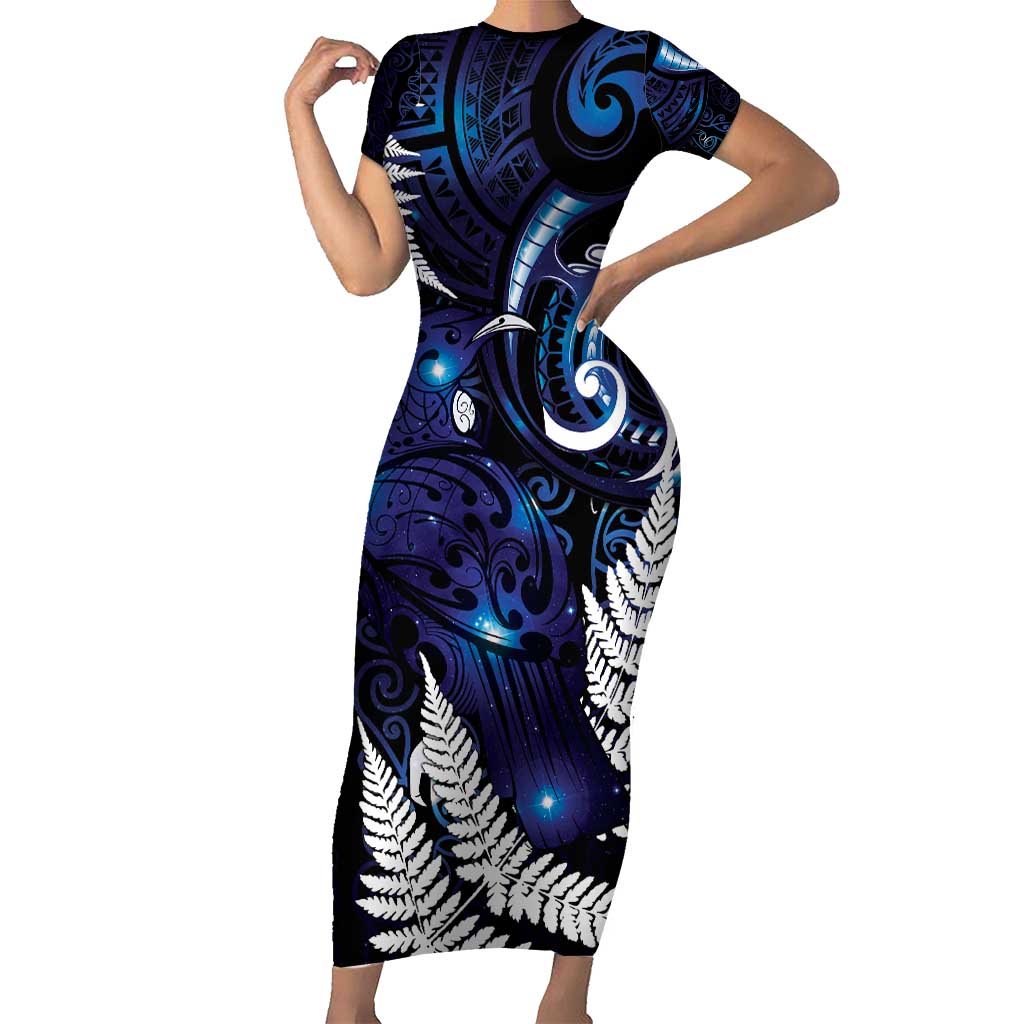 New Zealand Maori Matariki Short Sleeve Bodycon Dress Tui Bird Galaxy LT7 Long Dress Galaxy - Polynesian Pride