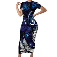 New Zealand Maori Matariki Short Sleeve Bodycon Dress Tui Bird Galaxy LT7 Long Dress Galaxy - Polynesian Pride