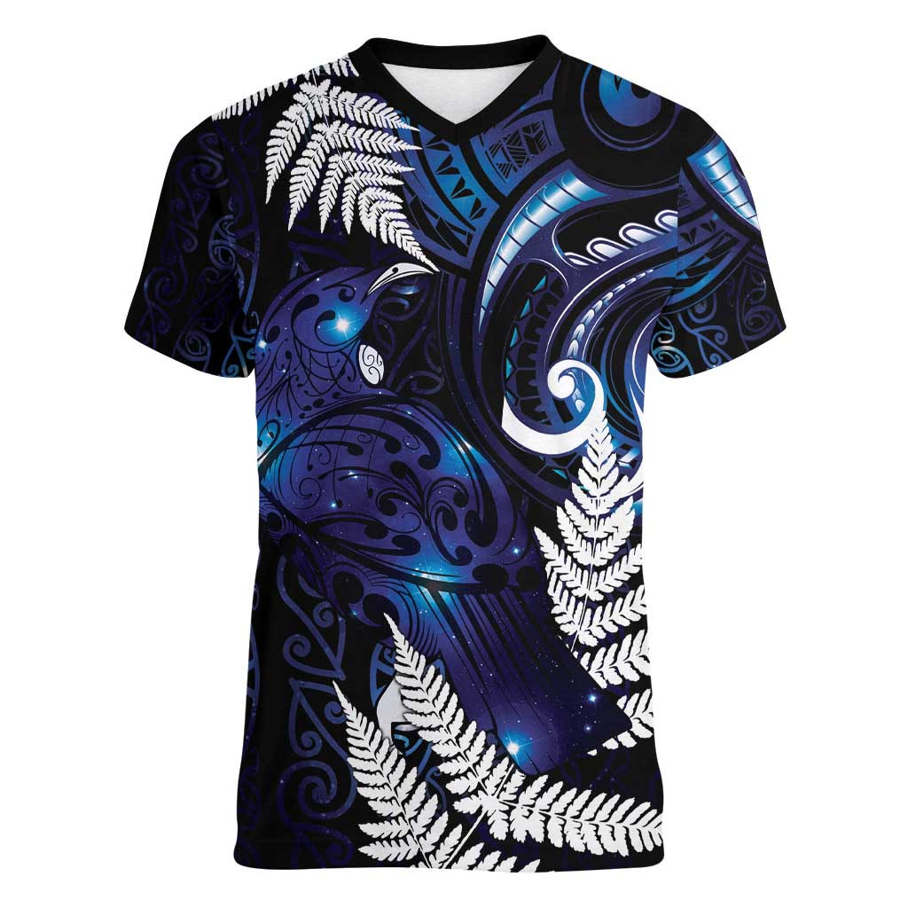 New Zealand Maori Matariki Women V-Neck T-Shirt Tui Bird Galaxy LT7 Female Galaxy - Polynesian Pride