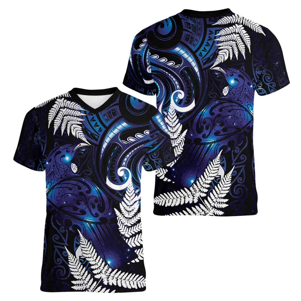 New Zealand Maori Matariki Women V-Neck T-Shirt Tui Bird Galaxy LT7 - Polynesian Pride