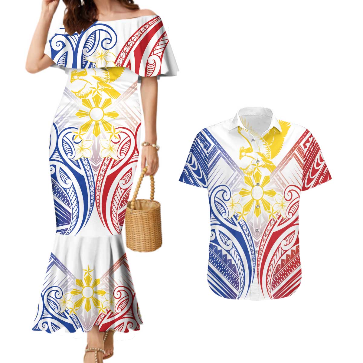 Philippines Tribal Sun Personalized Couples Matching Mermaid Dress and Hawaiian Shirt Hunting Eagle