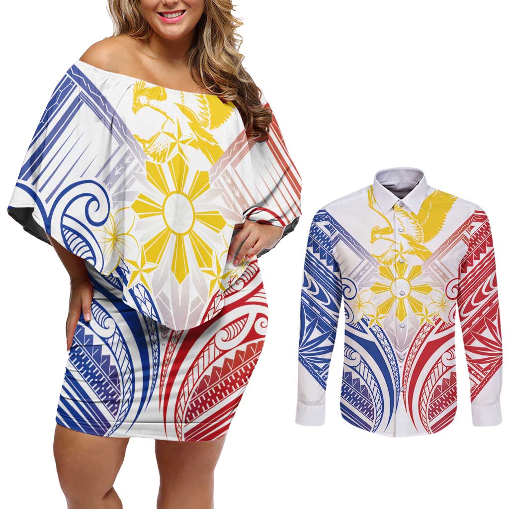 Philippines Tribal Sun Personalized Couples Matching Off Shoulder Short Dress and Long Sleeve Button Shirt Hunting Eagle