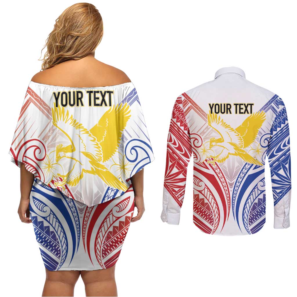 Philippines Tribal Sun Personalized Couples Matching Off Shoulder Short Dress and Long Sleeve Button Shirt Hunting Eagle