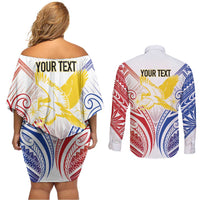 Philippines Tribal Sun Personalized Couples Matching Off Shoulder Short Dress and Long Sleeve Button Shirt Hunting Eagle