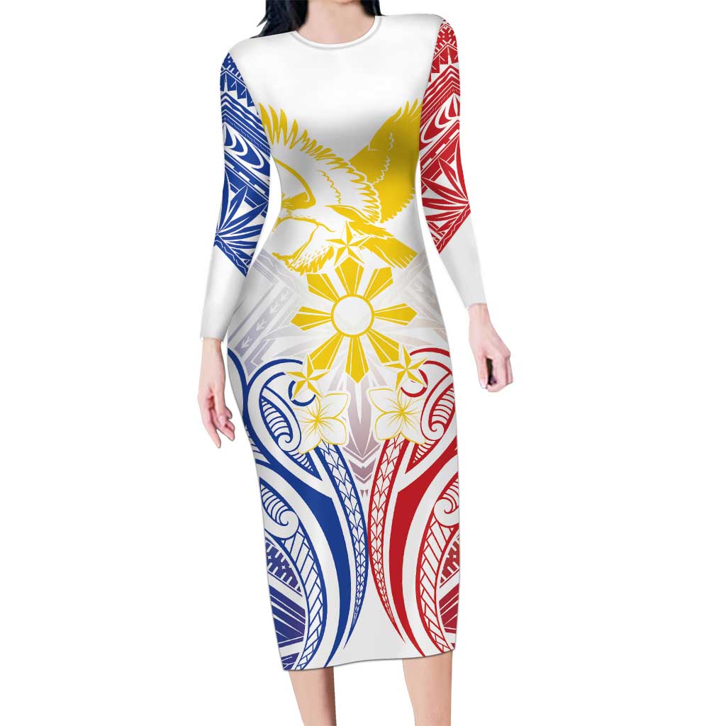 Philippines Tribal Sun Personalized Family Matching Long Sleeve Bodycon Dress and Hawaiian Shirt Hunting Eagle LT7 Mom's Dress White - Polynesian Pride