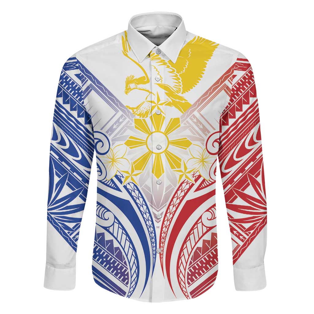 Philippines Tribal Sun Personalized Family Matching Off The Shoulder Long Sleeve Dress and Hawaiian Shirt Hunting Eagle LT7 Dad's Shirt - Long Sleeve White - Polynesian Pride