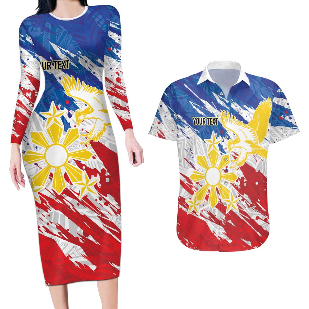 Personalized Filipino Sun and Stars Couples Matching Long Sleeve Bodycon Dress and Hawaiian Shirt Grunge Vibes LT7 White - Polynesian Pride