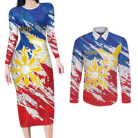 Personalized Filipino Sun and Stars Couples Matching Long Sleeve Bodycon Dress and Long Sleeve Button Shirt Grunge Vibes LT7 White - Polynesian Pride