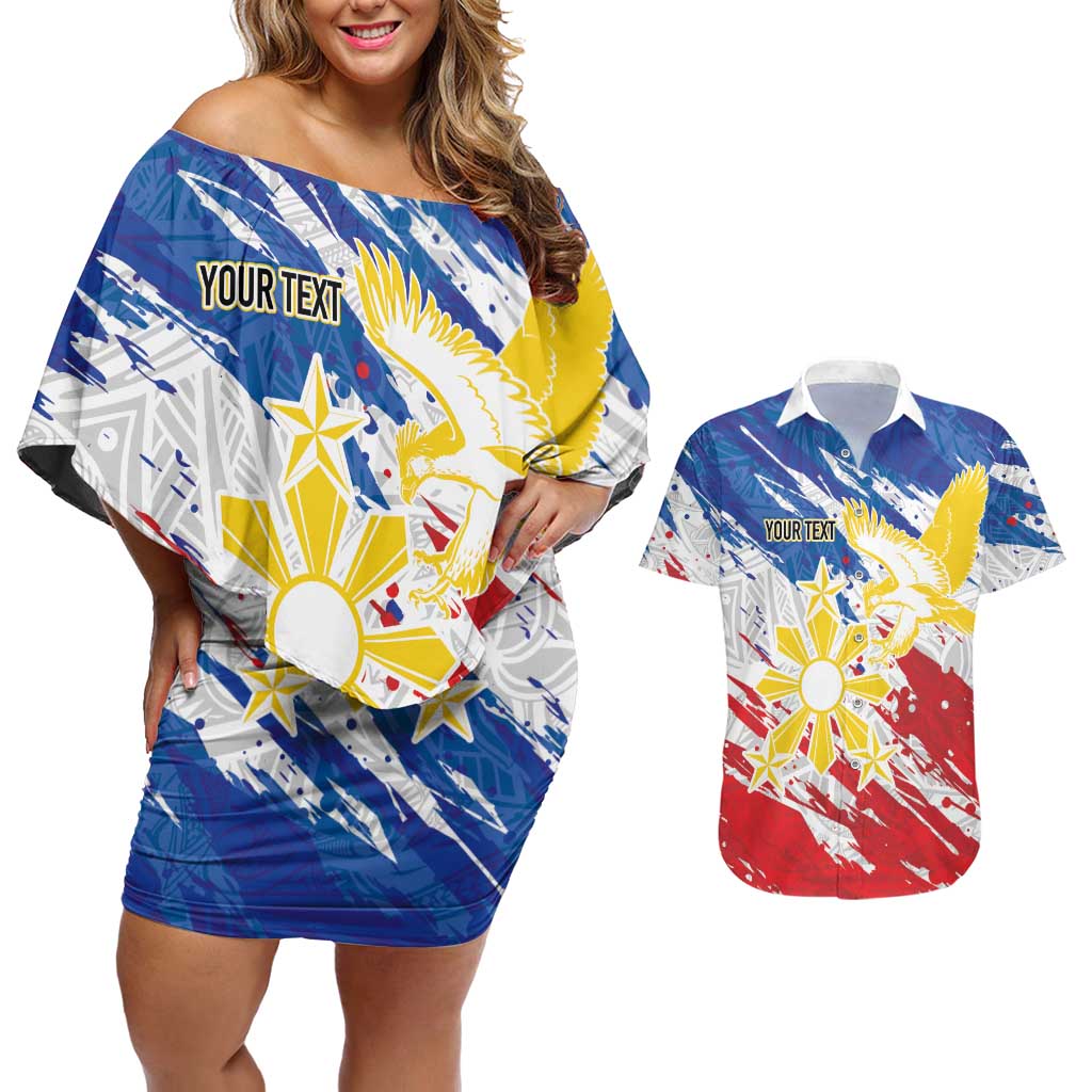 Personalized Filipino Sun and Stars Couples Matching Off Shoulder Short Dress and Hawaiian Shirt Grunge Vibes LT7 White - Polynesian Pride