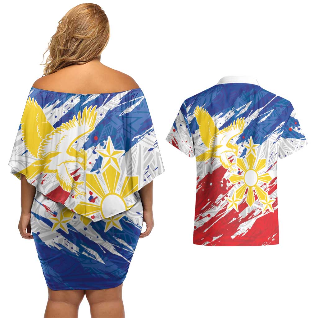 Personalized Filipino Sun and Stars Couples Matching Off Shoulder Short Dress and Hawaiian Shirt Grunge Vibes LT7 - Polynesian Pride