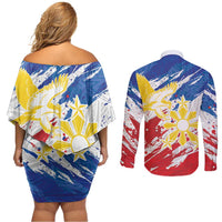 Personalized Filipino Sun and Stars Couples Matching Off Shoulder Short Dress and Long Sleeve Button Shirt Grunge Vibes LT7 - Polynesian Pride