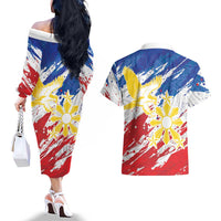 Personalized Filipino Sun and Stars Couples Matching Off The Shoulder Long Sleeve Dress and Hawaiian Shirt Grunge Vibes LT7 - Polynesian Pride