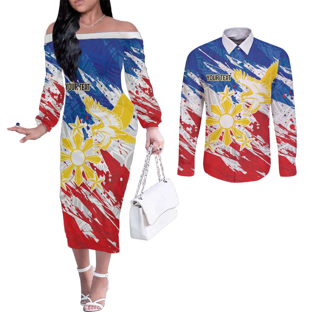 Personalized Filipino Sun and Stars Couples Matching Off The Shoulder Long Sleeve Dress and Long Sleeve Button Shirt Grunge Vibes LT7 White - Polynesian Pride