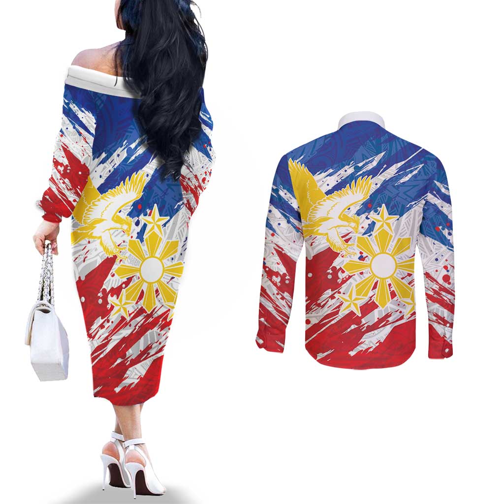 Personalized Filipino Sun and Stars Couples Matching Off The Shoulder Long Sleeve Dress and Long Sleeve Button Shirt Grunge Vibes LT7 - Polynesian Pride