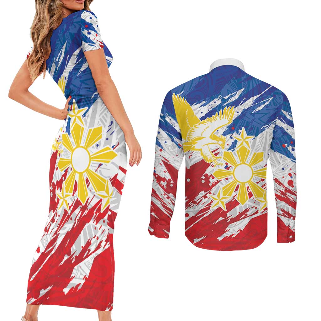 Personalized Filipino Sun and Stars Couples Matching Short Sleeve Bodycon Dress and Long Sleeve Button Shirt Grunge Vibes LT7 - Polynesian Pride