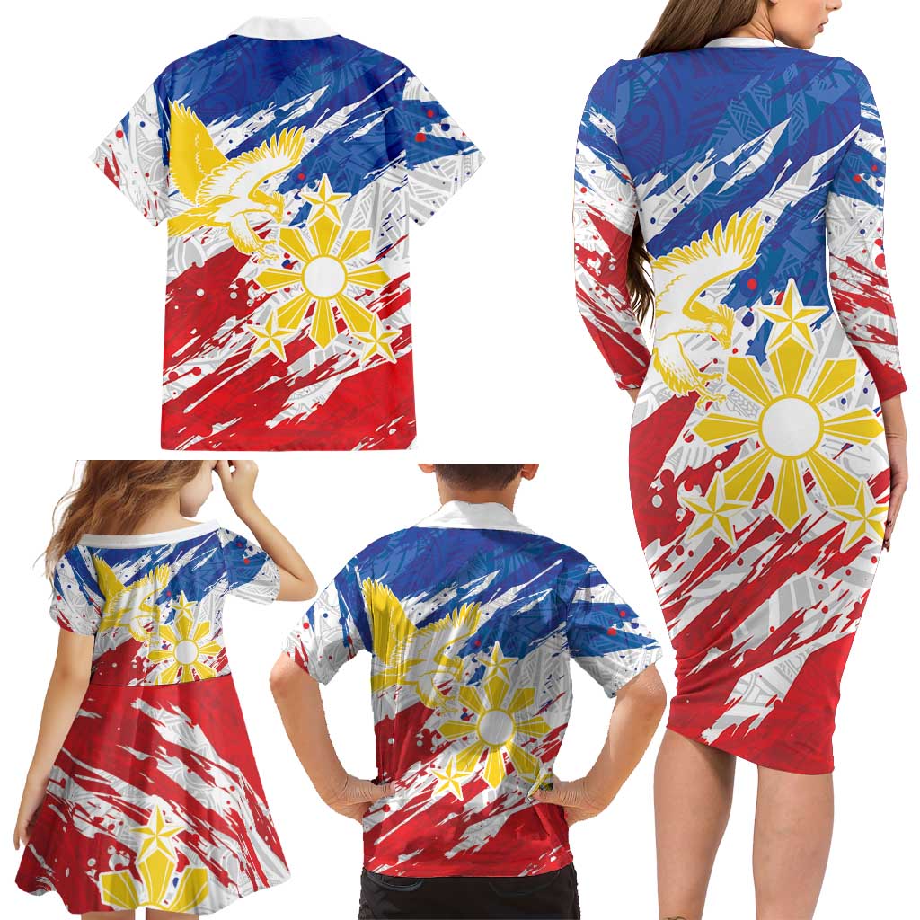 Personalized Filipino Sun and Stars Family Matching Long Sleeve Bodycon Dress and Hawaiian Shirt Grunge Vibes LT7 - Polynesian Pride