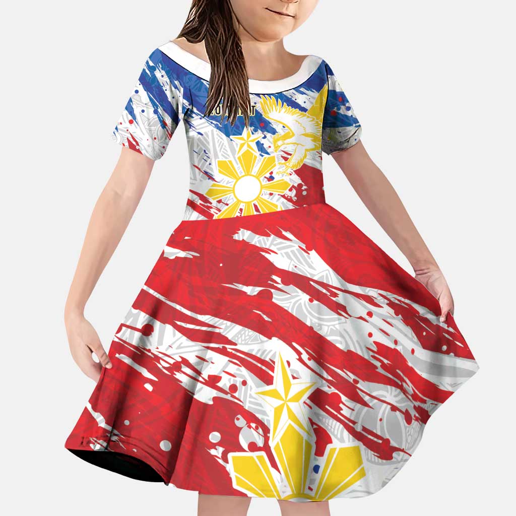 Personalized Filipino Sun and Stars Family Matching Off The Shoulder Long Sleeve Dress and Hawaiian Shirt Grunge Vibes LT7 Daughter's Dress White - Polynesian Pride
