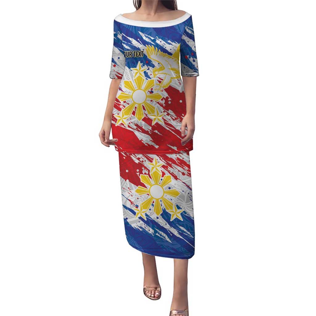 Personalized Filipino Sun and Stars Family Matching Puletasi and Hawaiian Shirt Grunge Vibes LT7 Mom's Dress White - Polynesian Pride