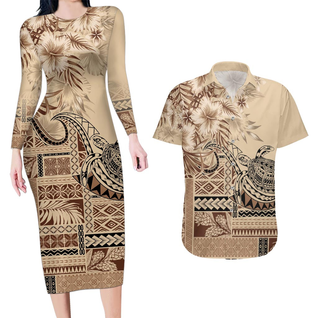 Vaiaso o le Gagana Samoa Couples Matching Long Sleeve Bodycon Dress and Hawaiian Shirt Siapo Motif Beige LT7 Beige - Polynesian Pride