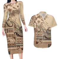Vaiaso o le Gagana Samoa Couples Matching Long Sleeve Bodycon Dress and Hawaiian Shirt Siapo Motif Beige LT7 Beige - Polynesian Pride