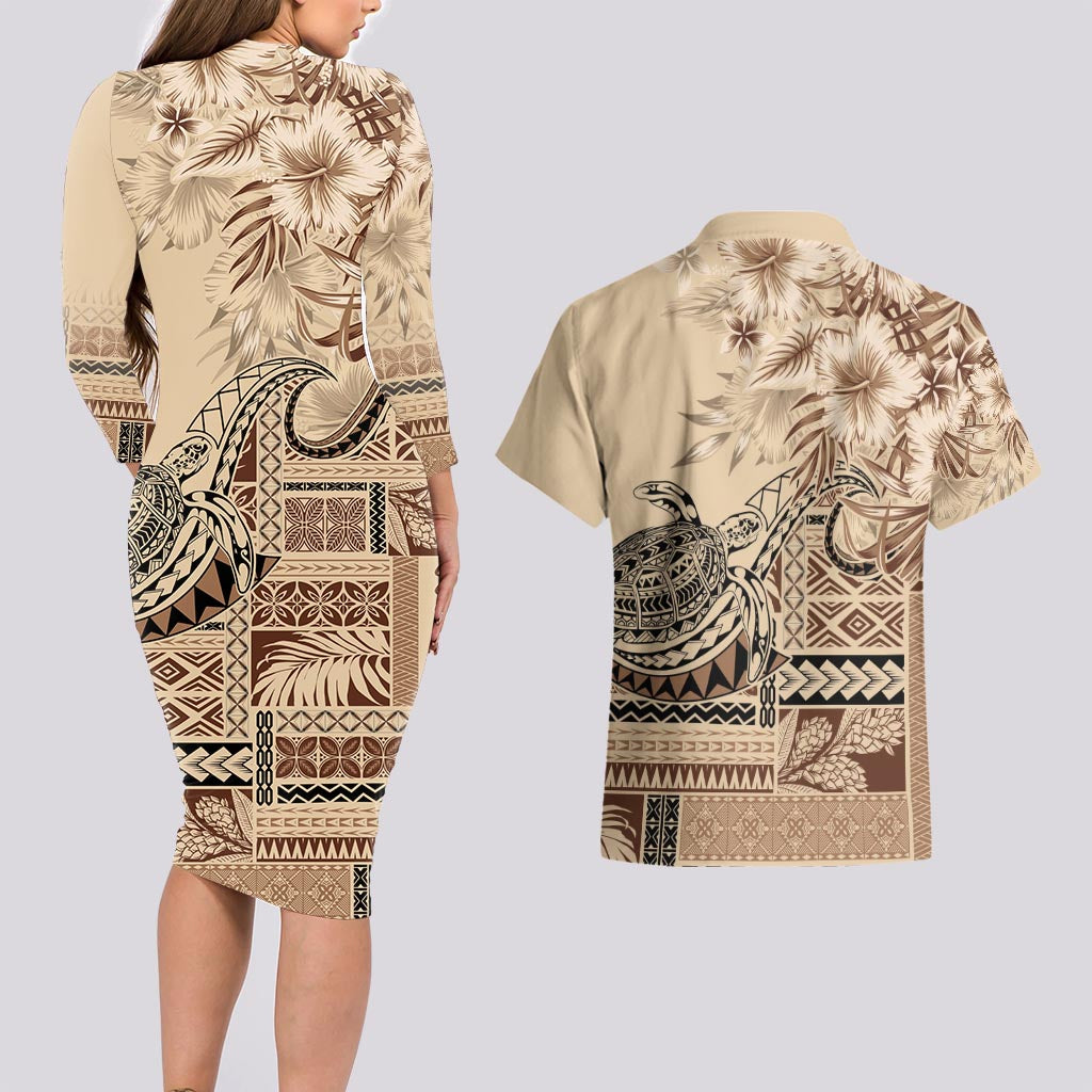 Vaiaso o le Gagana Samoa Couples Matching Long Sleeve Bodycon Dress and Hawaiian Shirt Siapo Motif Beige LT7 - Polynesian Pride