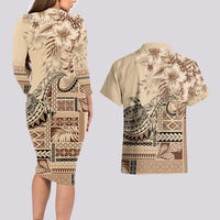 Vaiaso o le Gagana Samoa Couples Matching Long Sleeve Bodycon Dress and Hawaiian Shirt Siapo Motif Beige LT7 - Polynesian Pride