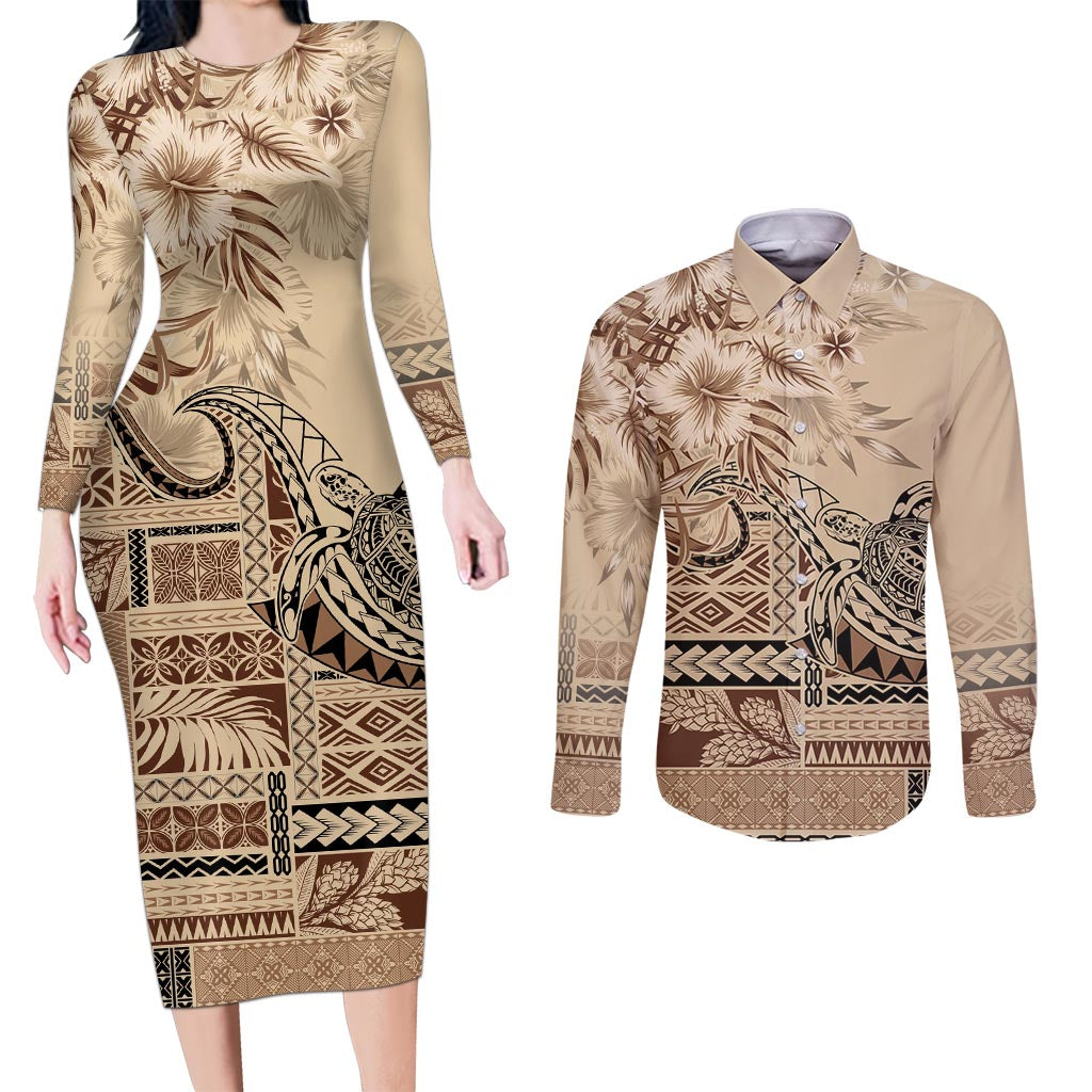 Vaiaso o le Gagana Samoa Couples Matching Long Sleeve Bodycon Dress and Long Sleeve Button Shirt Siapo Motif Beige LT7 Beige - Polynesian Pride