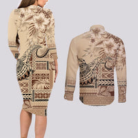Vaiaso o le Gagana Samoa Couples Matching Long Sleeve Bodycon Dress and Long Sleeve Button Shirt Siapo Motif Beige LT7 - Polynesian Pride